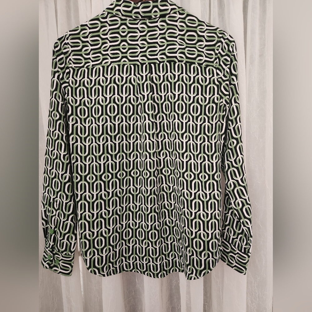 Alfani Black and White Geometric Blouse with Green Accents - Picture 8 of 10
